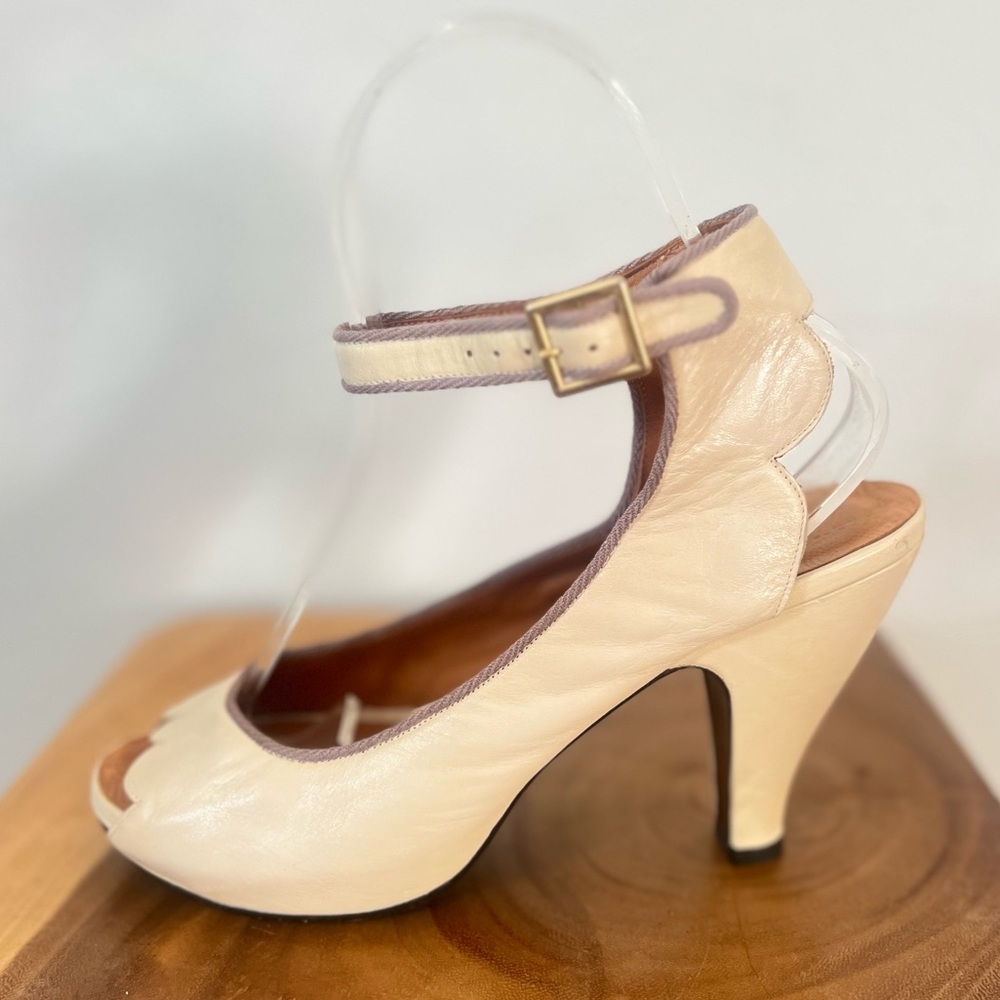 CHIE MIHARA “Bessy” Ivory Cream Platform Ankle Strap Peep Toe High Heels 38.5 - Picture 7 of 16